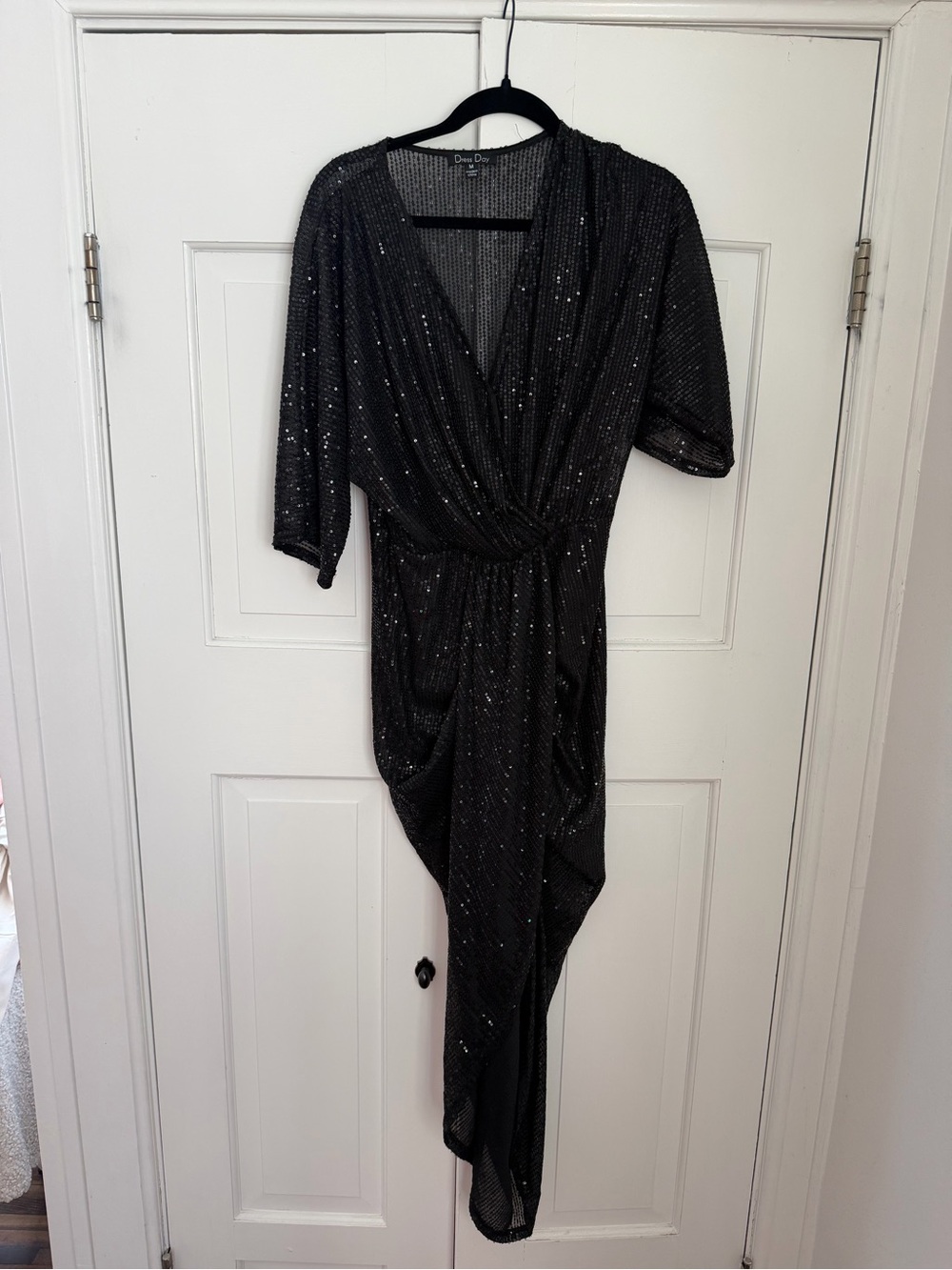 Drew London Black Sequin Draped Midi Dress